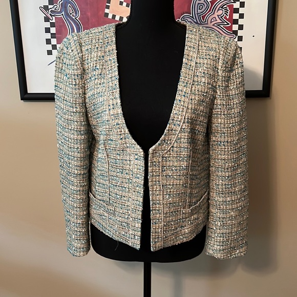 Ann Taylor cropped jacket. Colors of tan, turquoise, white and gold metallic - Picture 1 of 2